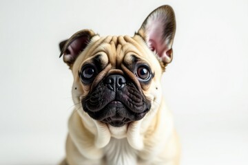 Playful pug, ears up, looking at camera, white backdrop, portrait, purebred, canine photography
