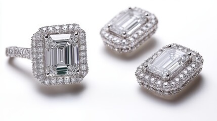 Glamorous platinum jewelry set with emerald-cut diamonds on earrings, necklace, and ring, isolate on white background