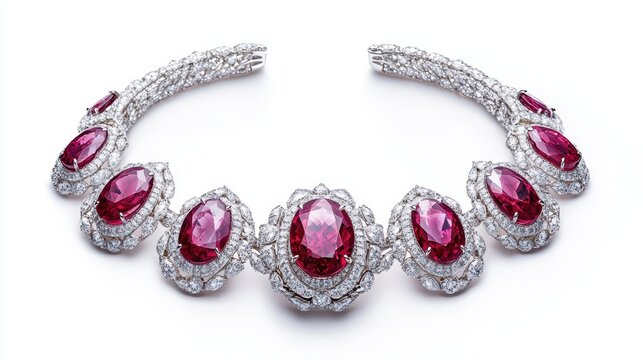 Luxurious ruby jewelry set with matching oval rubies and diamonds on earrings, necklace, and ring, isolate on white background