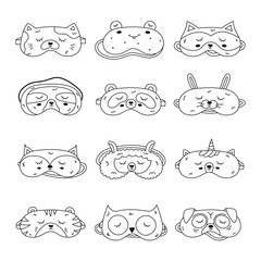 Big outline doodle animal sleeping mask set in the shape of pet head. Cute kids eye mask collection with cat, frog, tiger, pug head. Hand drawn good night accessory for resting isolated on white.