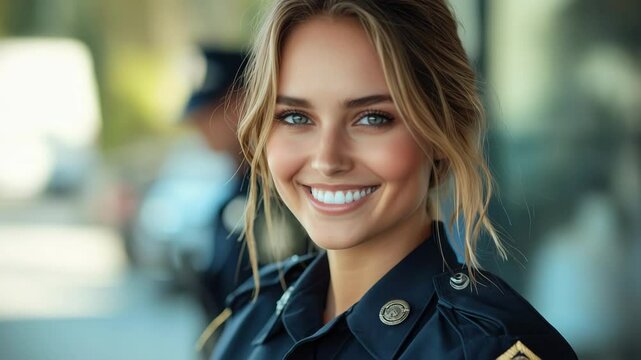 Smiling Police Officer in Uniform: Portrait of a Confident and Professional Law Enforcer in City Setting - Promoting Public Safety and Trust in a Diverse Community