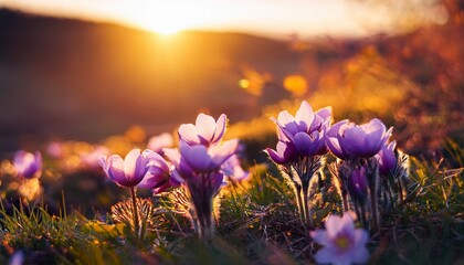 Fototapeta premium beautiful flowers in spring nature at sunset