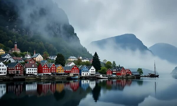 Odda Town House In Norway Misty Mountain Landscape And Water Reflection. 4k video