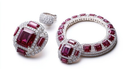 Classic ruby jewelry set with radiant red rubies and square diamonds on earrings, necklace, and matching ring, isolate on white background