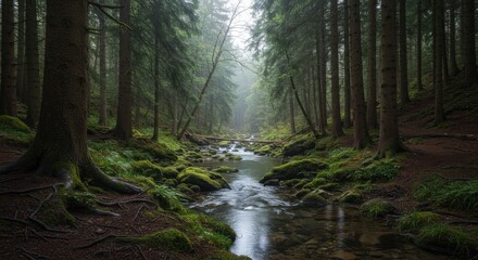 Misty Forest Stream with Mossy Rocks and Trees