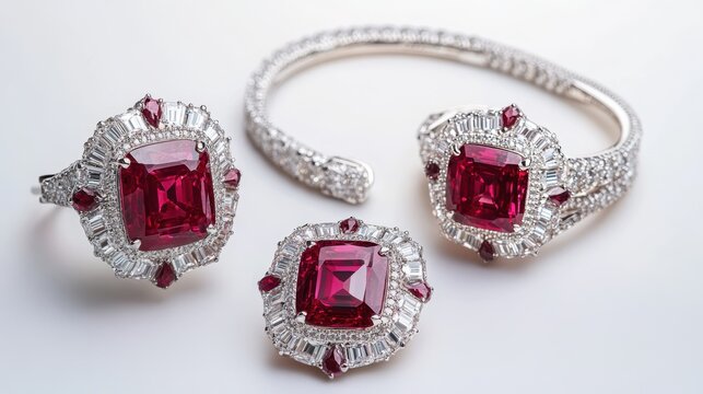 Classic ruby jewelry set with radiant red rubies and square diamonds on earrings, necklace, and matching ring, isolate on white background