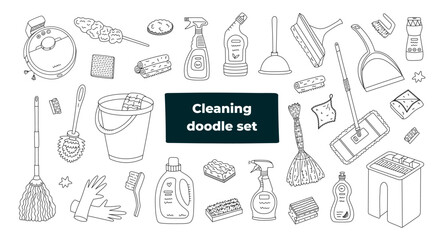 Big hand drawn doodle set with cleansing supplies. Line black and white collection to clean up dirt, grime, dust, garbage, mess in the apartment. Lovely housekeeping devices and cleansers.