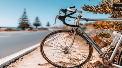 Fototapeta premium Country road lined with pine trees and a vintage bicycle parked in a tranquil setting