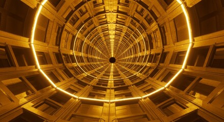 Golden Spiral Corridor: A Futuristic Architectural Design - Futuristic architecture, glowing gold, spiral design, endless tunnel, technological advancement. Symbolizing progress, innovation, infinity