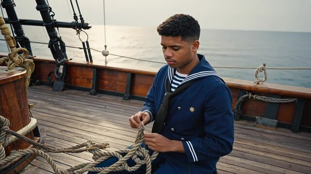 Sailor tying a knot on a boat.