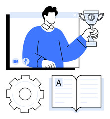 Man holding trophy in a video call, symbolizing success and learning. Open book and gear icon imply knowledge, process, and innovation. Ideal for education, teamwork, technology, leadership online