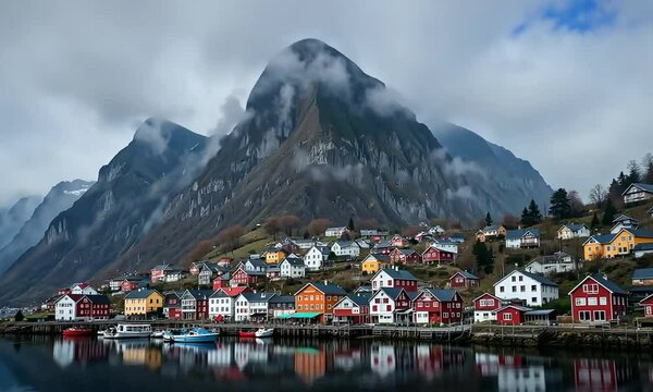 Odda Town House In Norway Misty Mountain Landscape And Water Reflection. 4k video