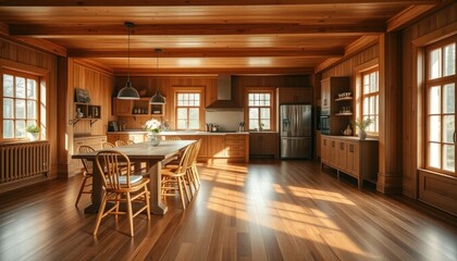 Bright kitchen and dining room crafted from wood, featuring natural sunlight