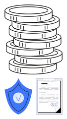 Stack of coins symbolizing wealth, shield for security, and signed contract for compliance. Ideal for finance, savings, investment, insurance, legal services, trust simple landing page