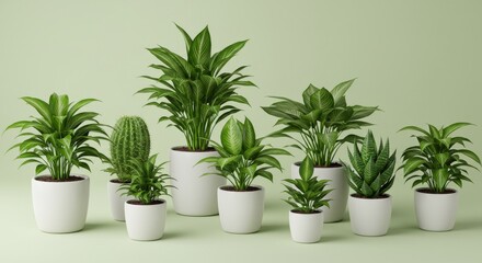 Green Houseplants Collection in White Pots - A diverse collection of potted green houseplants, including succulents and tropical plants, arranged on a pale green background
