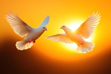 Obraz premium Two White Doves Soaring Majestically In Golden Sunset Light