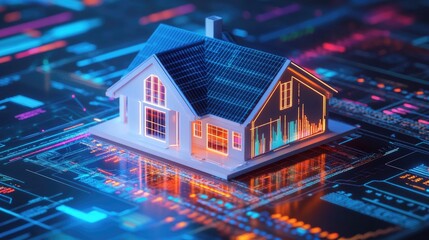 Glowing wireframe model of modern house with solar panels sits on digital circuit board-like platform with data streams, illustrating smart home technology and energy management