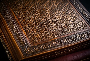 Fototapeta premium A close up of an ornate book on a black background.