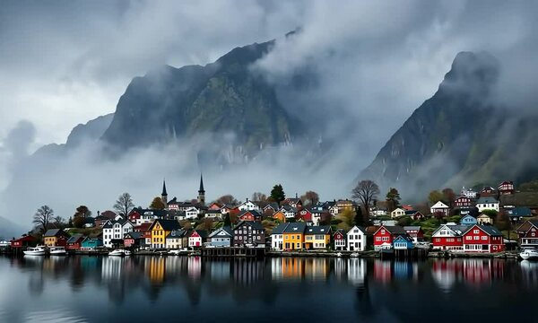 Odda Town House In Norway Misty Mountain Landscape And Water Reflection. 4k video
