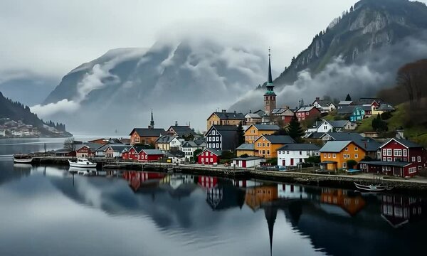 Odda Town House In Norway Misty Mountain Landscape And Water Reflection. 4k video