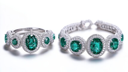 Glamorous platinum jewelry set with oval diamonds and emerald accents on earrings, necklace, and matching ring, isolate on white background