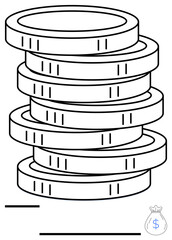 Stack of coins in a tower arrangement with a small money bag icon. Ideal for finance, banking, investment, savings, wealth management, money management, economy. Flat simple metaphor