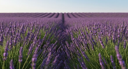 Fototapeta premium Lavender Field at Sunrise - Rows of vibrant purple lavender flowers stretch to the horizon under a clear sky. A peaceful and beautiful summer scene