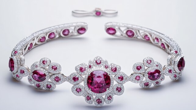 Classic ruby jewelry set with round diamonds and radiant rubies on earrings, necklace, and matching ring, isolate on white background