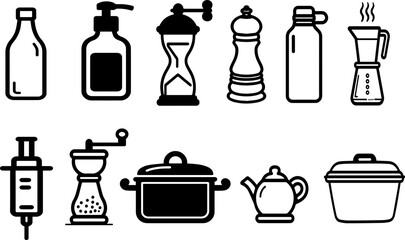 Kitchen utensils and containers in black line art style  