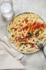 fusilli pasta with cheese and bacon, homemade, no people,