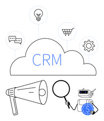 CRM cloud at the center, surrounded by automation bot, magnifying lens, megaphone, light bulb, chat, cart, and gear icons. Ideal for marketing sales analytics e-commerce automation customer