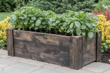 Dark Wood Planter Box with Lush Green Plants Outdoor Gardening