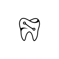 A stylized tooth with a connected line and circles representing technology on a white background plain image