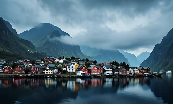 Odda Town House In Norway Misty Mountain Landscape And Water Reflection. 4k video