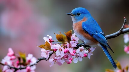 Obraz premium A blue and white bird is perched on a branch of a pink flower