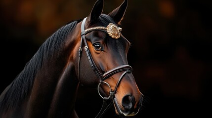 A horse with a gold headpiece and a black bridle