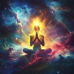 Meditative figure in prayer pose with golden halo against vibrant nebula and starry sky, spiritual and cosmic scene