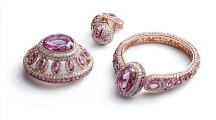 Naklejka premium Luxurious rose gold jewelry set with radiant pink sapphires and diamonds on earrings, necklace, and matching ring, isolate on white background