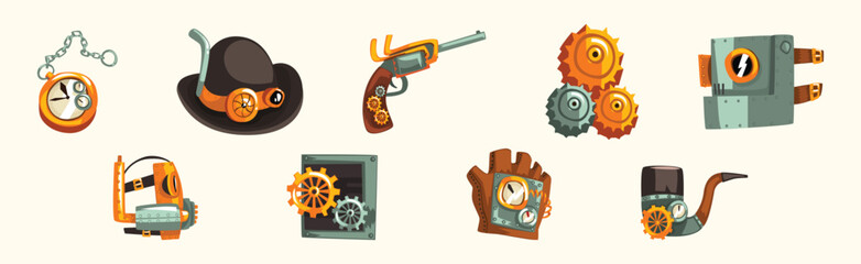 Steampunk Objects and Mechanism with Antique Mechanical Device Vector Set