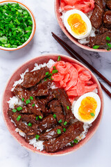 Gyudon Japanese beef with rice, pickled ginger, boiled egg slice, garnished with green onions, in a bowl with chopsticks,