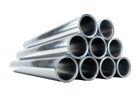 Stack of metal shiny pipes isolated over png transparent background	