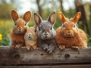 Fototapeta premium Four Adorable Bunnies on a Wooden Fence: A Whimsical Portrait of Fluffy Friends in Nature, Displaying Their Charming Personalities and Ethereal Cutness