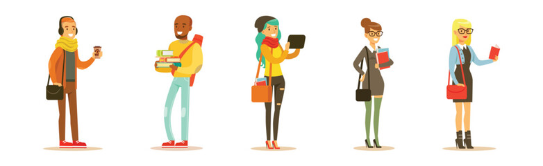 Modern Student Man and Woman Character in Standing Pose Vector Set