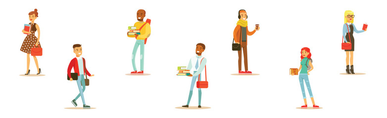 Modern Student Man and Woman Character in Standing Pose Vector Set