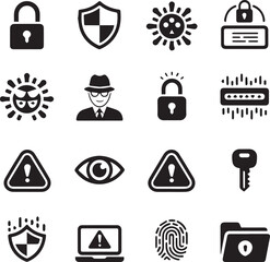 Vector Icons Set Representing Cyber Security, Digital Threats, Privacy Protection, and Data Safety Awareness Symbols