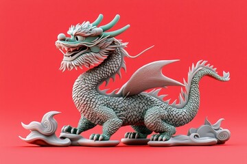 Fototapeta premium Intricate Traditional Japanese Dragon Art in 3D Design with Iconic Features on Vibrant Red Background