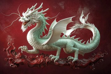 Fototapeta premium Stunning 3D Japanese Traditional Dragon Art Icon with Elegant Details Against a Rich Red Background