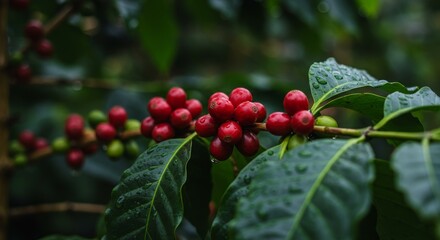 Obraz premium Ripe Coffee Cherries on Branch - Close-up of vibrant red coffee cherries on a branch, surrounded by lush green leaves. Perfect for coffee-related products