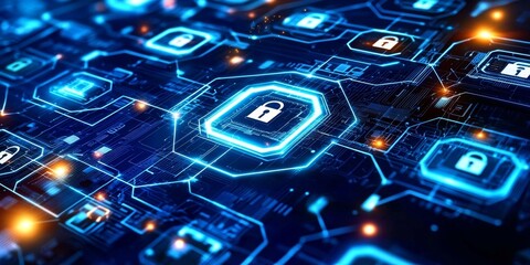 Digital environment showcasing various cybersecurity icons and elements.