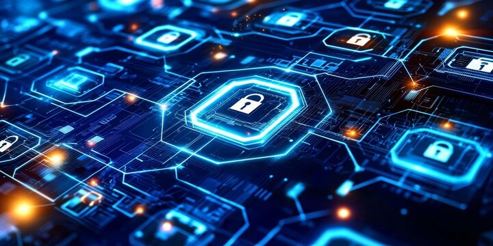 Digital environment showcasing various cybersecurity icons and elements.